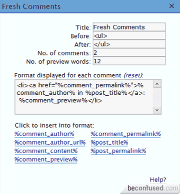 Configuration screen of Fresh Comments.
