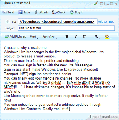 Composing a new mail in Windows Live Mail Desktop.