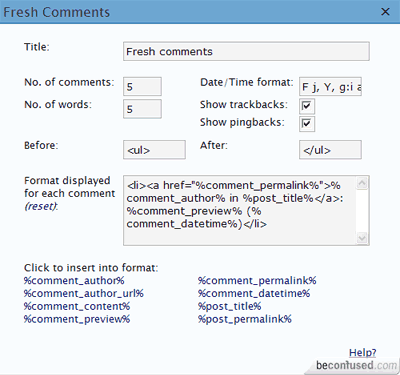 Configuration screen of Fresh Comments.