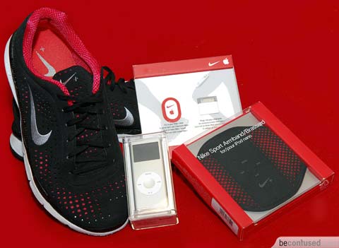 From left to right: Nike+ shoes Moires, Apple iPod, Nike+ Sport Kit and Nike+ Armband.