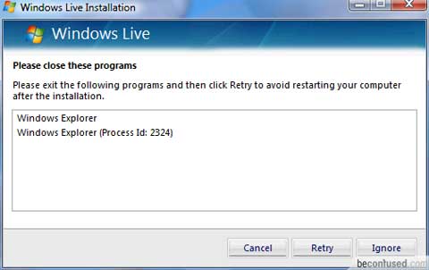 Windows Live has some sort of strange error to advise me closing Windows Explorer.