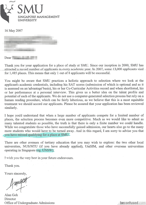 Rejection letter from SMU.