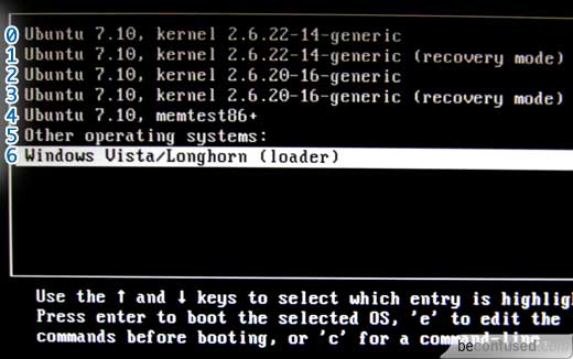 Booting up to Ubuntu or Windows Vista using GRUB.